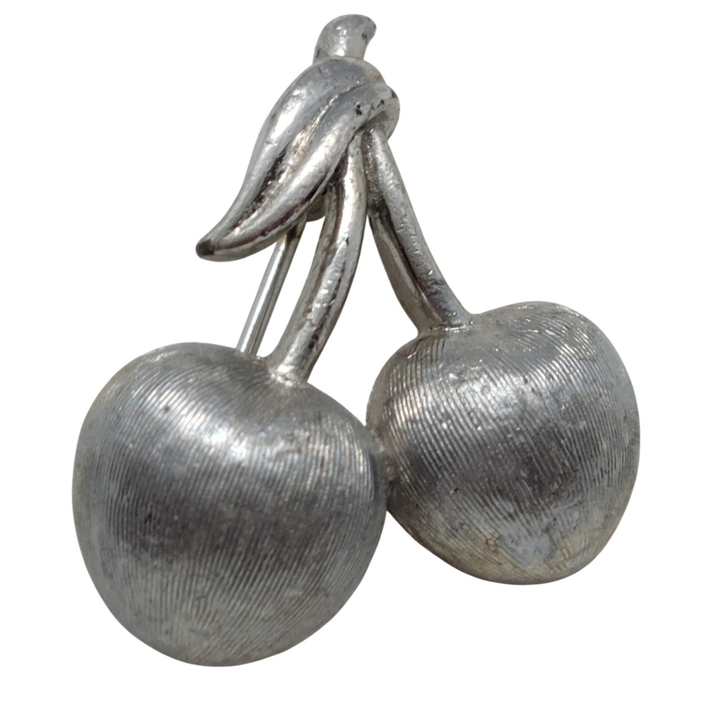1960s Crown Trifari Brushed Satin Cherry Brooch Figural Fruit Jewelry SKUJ124